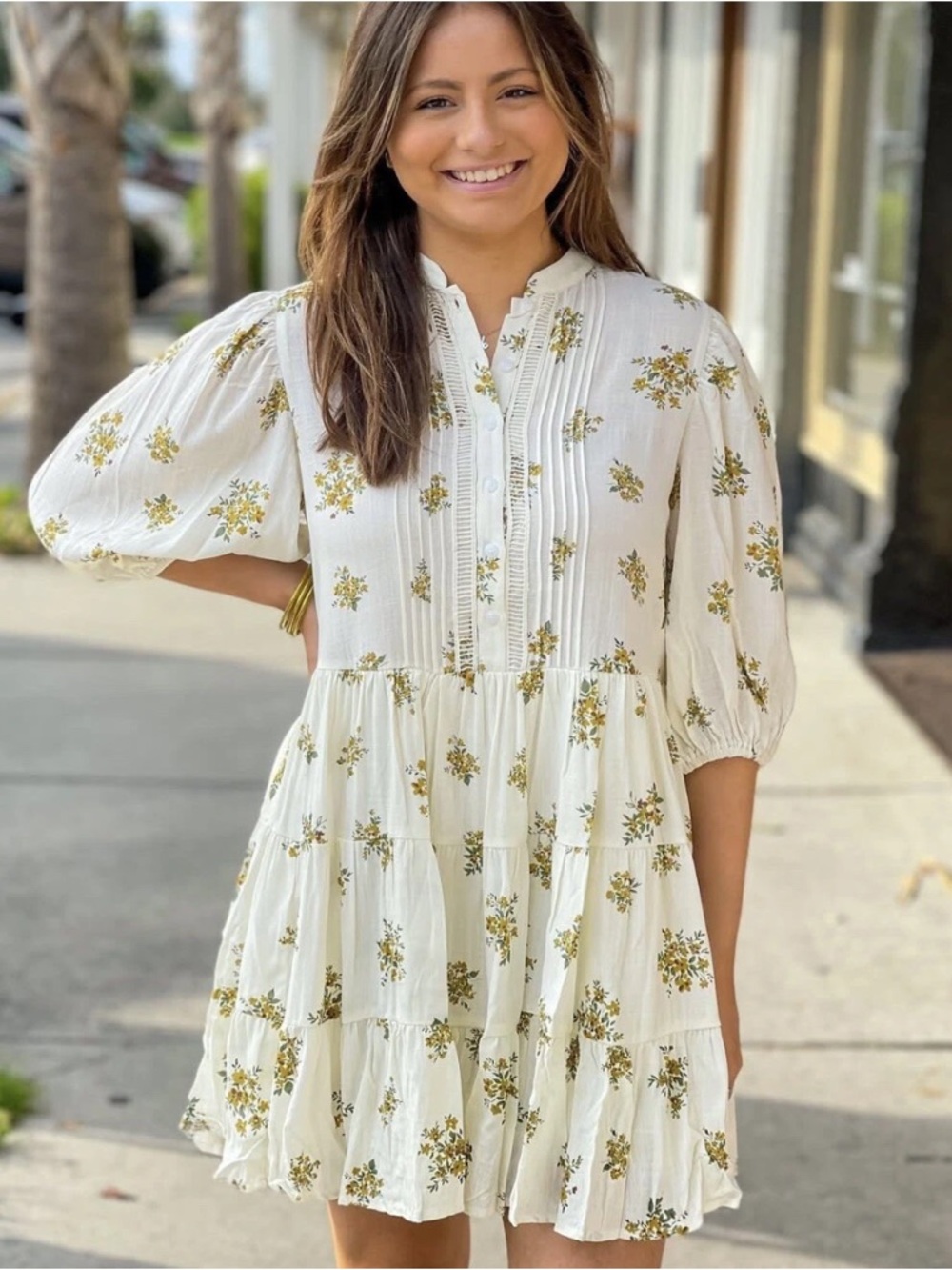 Anthropologie By The River Tiered Floral Mini Dress with Yellow Floral Medium